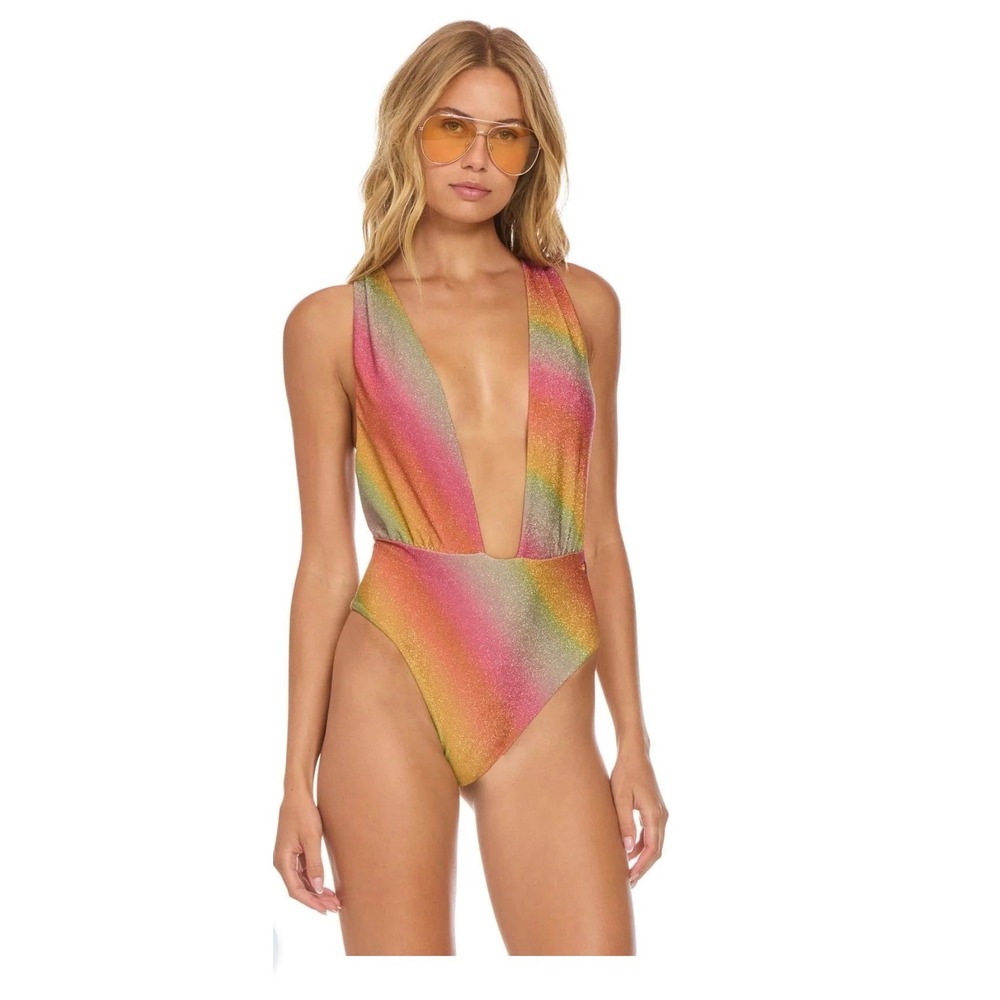 Aviator Nation Rainbow Glitter One Piece Swimsuit Deep V-Neck XL NEW
